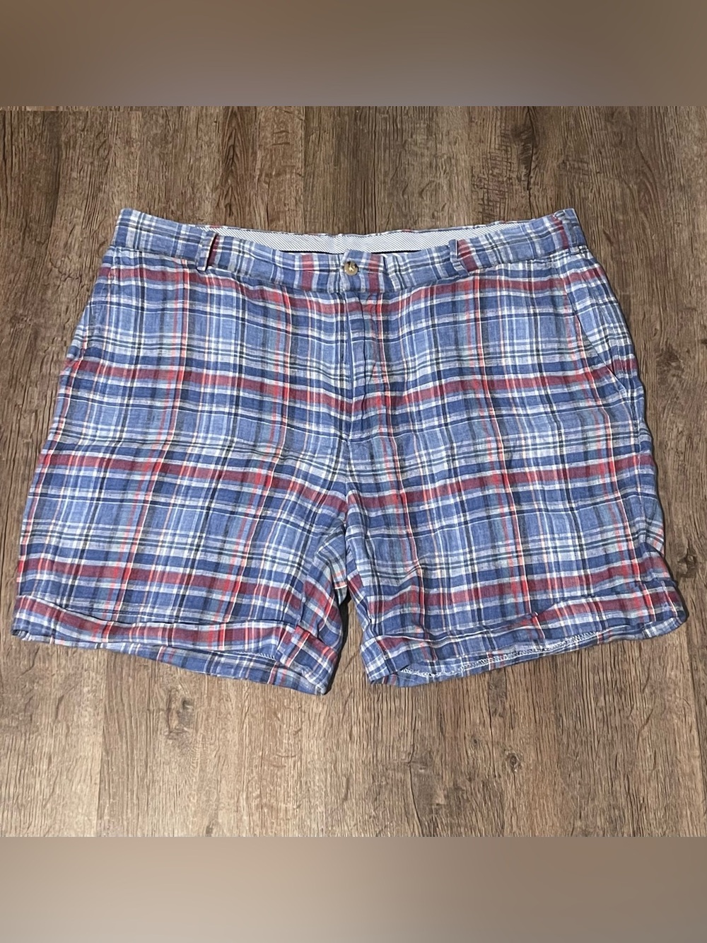 Peter Millar Blue Red White Plaid Flat Front Linen Shorts Men’s 38